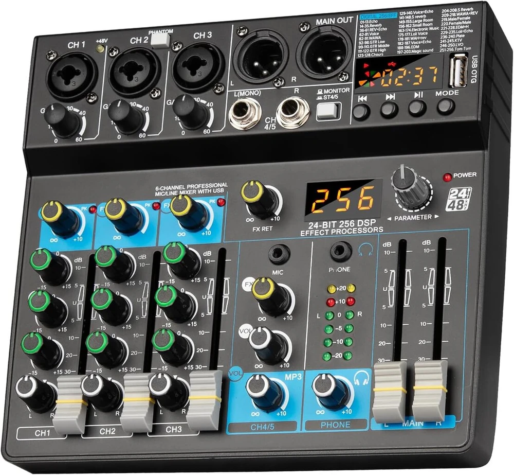 Depusheng profesionalus audio mikšeris su skaitmeniniu fx 256 bitų dsp usb bluetooth mp3 kompiuterinis dj mikšeris 5 kanalų įvesties sąsaja su 48v fantominiu maitinimu, skirtas pc įrašymui, tiesioginei transliacijai, karaoke