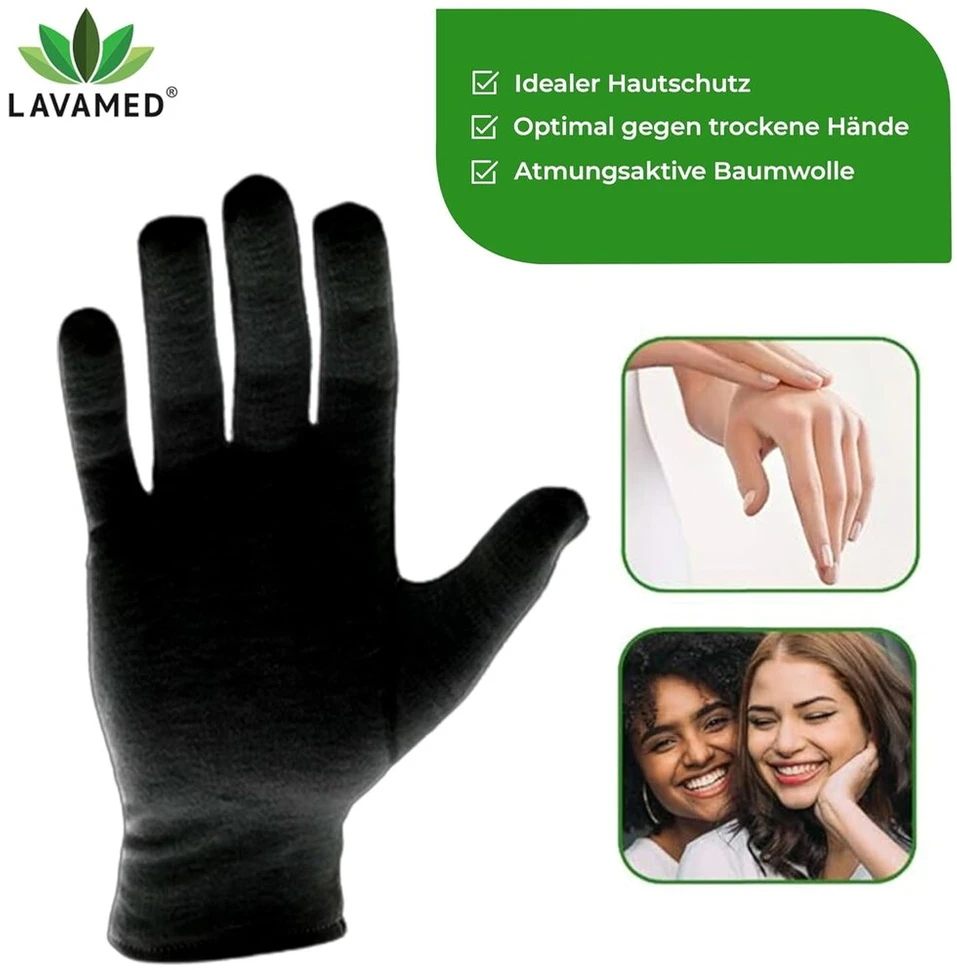 Dermatest Lavamed medvilninės juodos apsauginės pirštinės 100% gryna medvilnė (6, S)