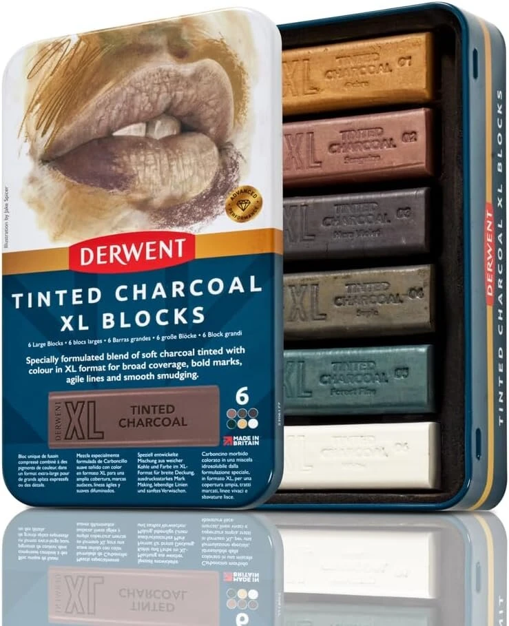 Derwent Xl anglies blokelių rinkinys, 6 vnt., 60 mm itin platūs spalvinimo pieštukai, tirpūs vandenyje, idealūs eskizams, piešimui ir ekspresyviam piešimui, profesionali kokybė pieštukų dėžutėje 2306177