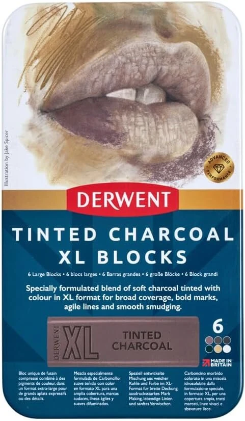 Derwent Xl anglies blokelių rinkinys, 6 vnt., 60 mm itin platūs spalvinimo pieštukai, tirpūs vandenyje, idealūs eskizams, piešimui ir ekspresyviam piešimui, profesionali kokybė pieštukų dėžutėje 2306177