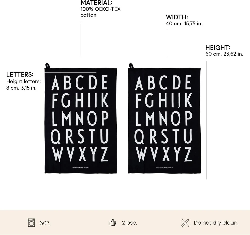 Rankšluostis Design Letters Virtuvės Rankšluosčiai (juodi) - 2 vnt., 100% Medvilnė, 60x40 cm