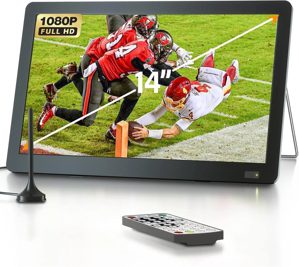 Vaizdo grotuvas Desobry 14.1 colio nešiojamas televizorius su dvb-t2 hd antena ir 3000 mah baterija, full hd hdmi/usb/av prievadai, integruotas stovas stovyklavimui/avarijoms (įskaitant nuotolinio valdymo pultą) (dvb-t2)