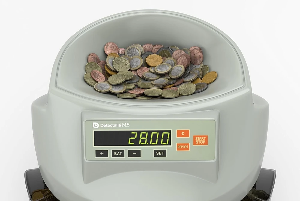 Detectalia M5 - monetų skaičiavimo mašina skaičiuoja vertę ir rūšiuoja mišrias euro monetas - monetų rūšiuotuvas, atskirtas pagal nominalią vertę
