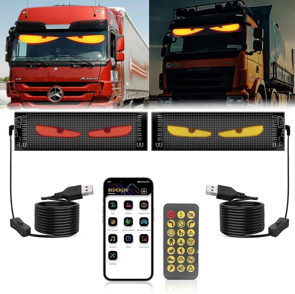 Pakabinamas šviestuvas Devil Eyes lemputės automobiliams Led akys sunkvežimiams, Led programuojamas ekranas bėgantis ženklas apšviestas ženklas automobiliui, sunkvežimiui, verslui, barui, reklamai, su Bluetooth programėlės valdymu, 2 vnt.