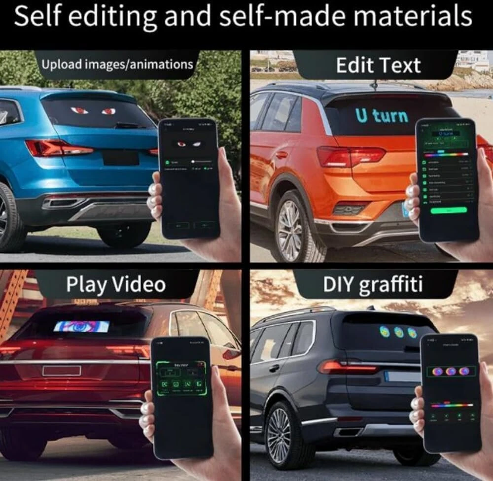 Pakabinamas šviestuvas Devil Eyes lemputės automobiliams Led akys sunkvežimiams, Led programuojamas ekranas bėgantis ženklas apšviestas ženklas automobiliui, sunkvežimiui, verslui, barui, reklamai, su Bluetooth programėlės valdymu, 2 vnt.