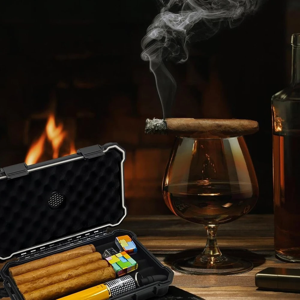 Dėžutė cigarų humidorui su priedais: nešiojamas cigarų dėklas kelionėms, kelioninis humidoras, cigarų laikiklis su cigarų V formos pjaustytuvu ir humidoriumi drėkintuvu bei higrometru – sandarus, atsparus vandeniui