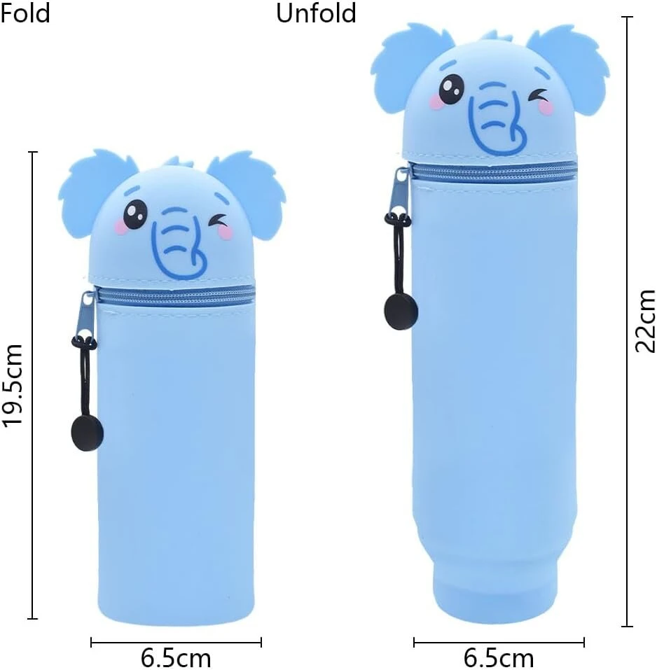 Dgtsyal 2 in 1 minkštas silikoninis krepšys kawaii penalas stalo rašiklio laikiklis užtrauktuku silikoninis rašiklio krepšys spalvoti pieštukai žymeklis biuro kolegijos mielos mokyklinės prekės gyvūnų rašiklio laikiklis mergaitė dramblys, mėlynas, kawaii