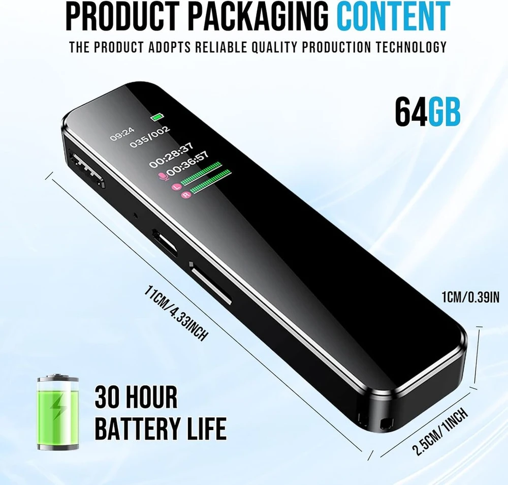 Dictaphone Mini 64 Gb, diktofonas, skaitmeninis balso įrašymo įrenginys su triukšmo mažinimu, skaitmeninis balso įrašymo įrenginys su atkūrimu konferencijoms, kursams