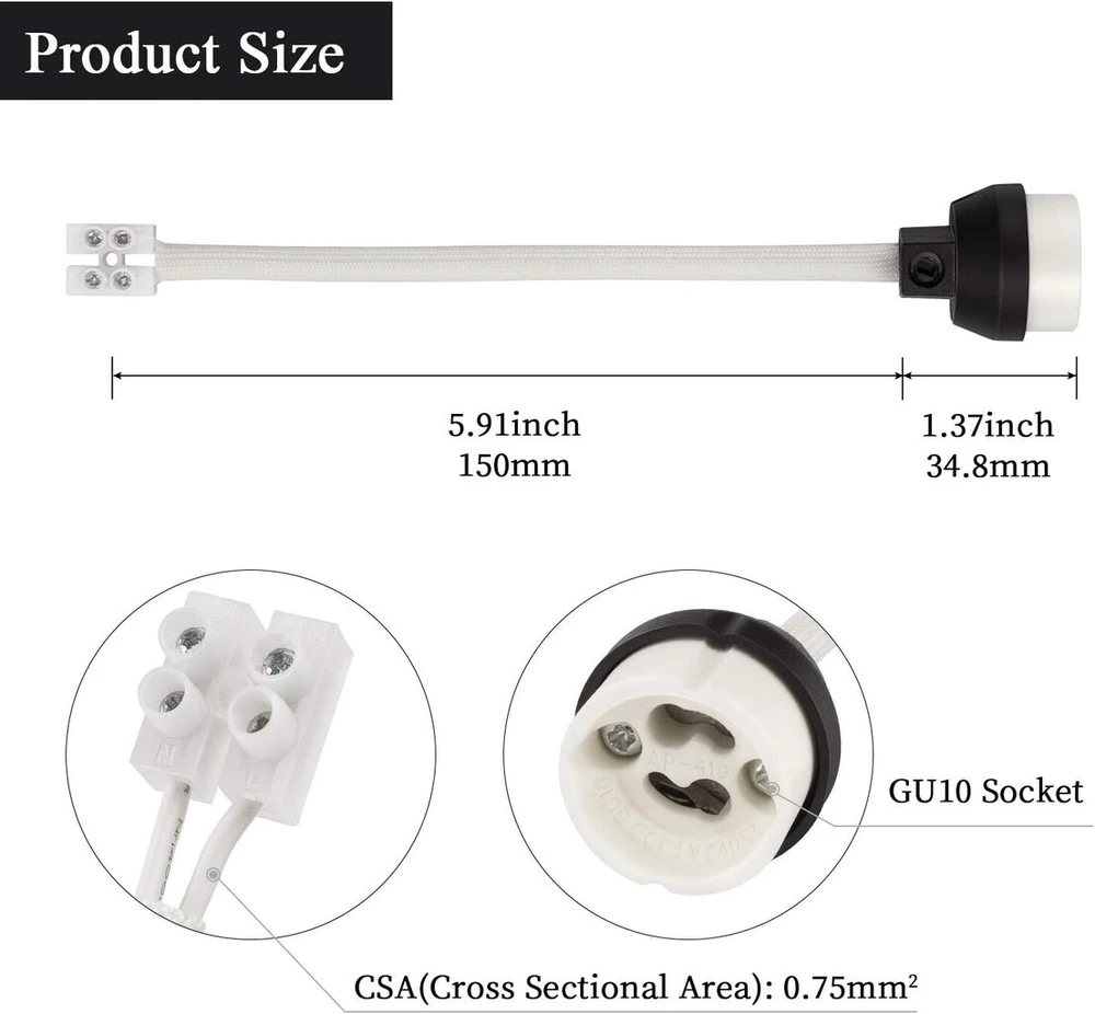 Dicuno Gu10 lizdas su 15 cm maitinimo laidu ir antgaliais, keraminis pagrindas, Vde, ugniai atsparus renovacijos lizdas, 0,75 mm² kabelis, 300 W 250 V, atsparus karščiui iki 600 °c, 6 vnt.