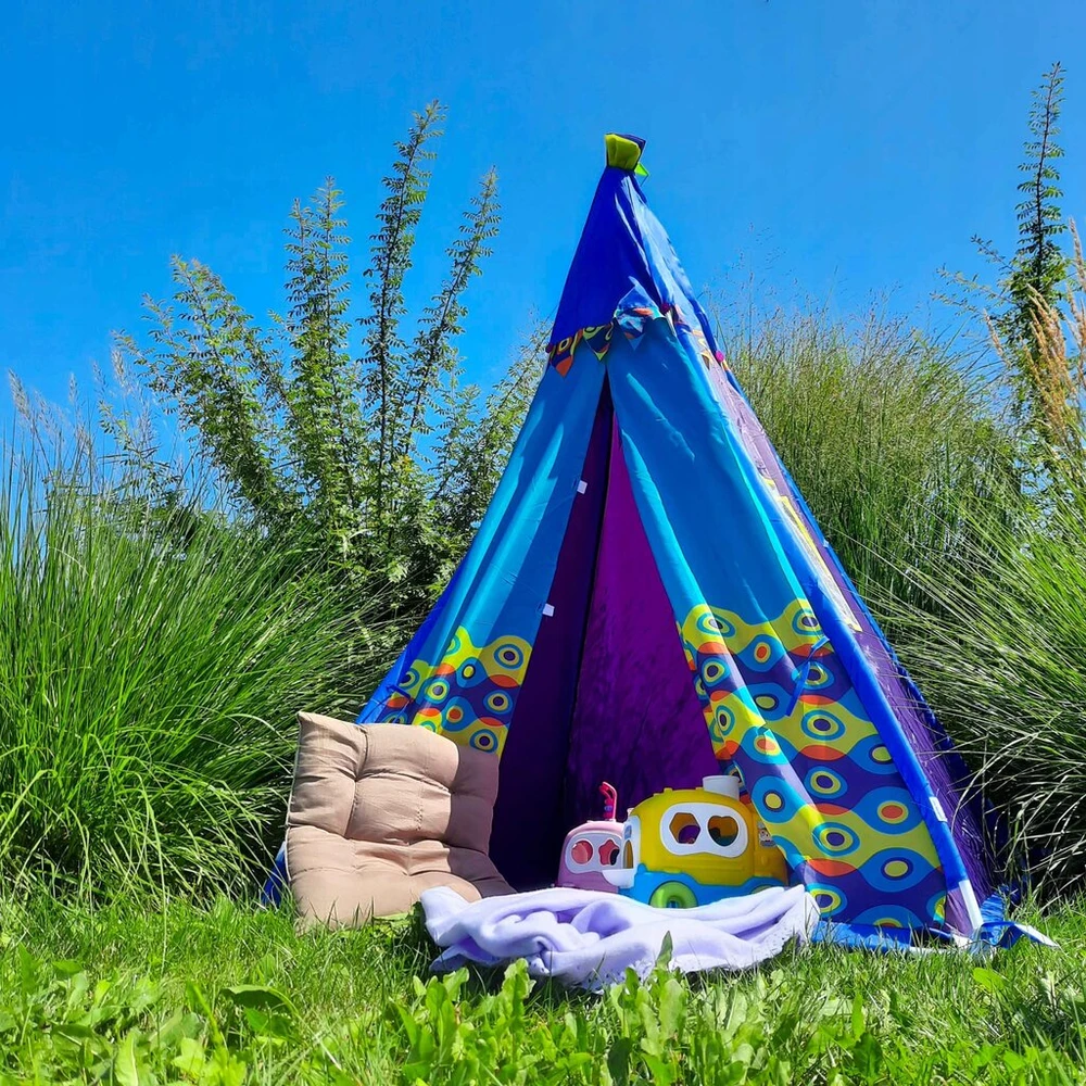 DIDELĖ VAIKIŠKA PALAPINĖ TEEPEE TIPI STABILUS NAMAS MĖLYNA