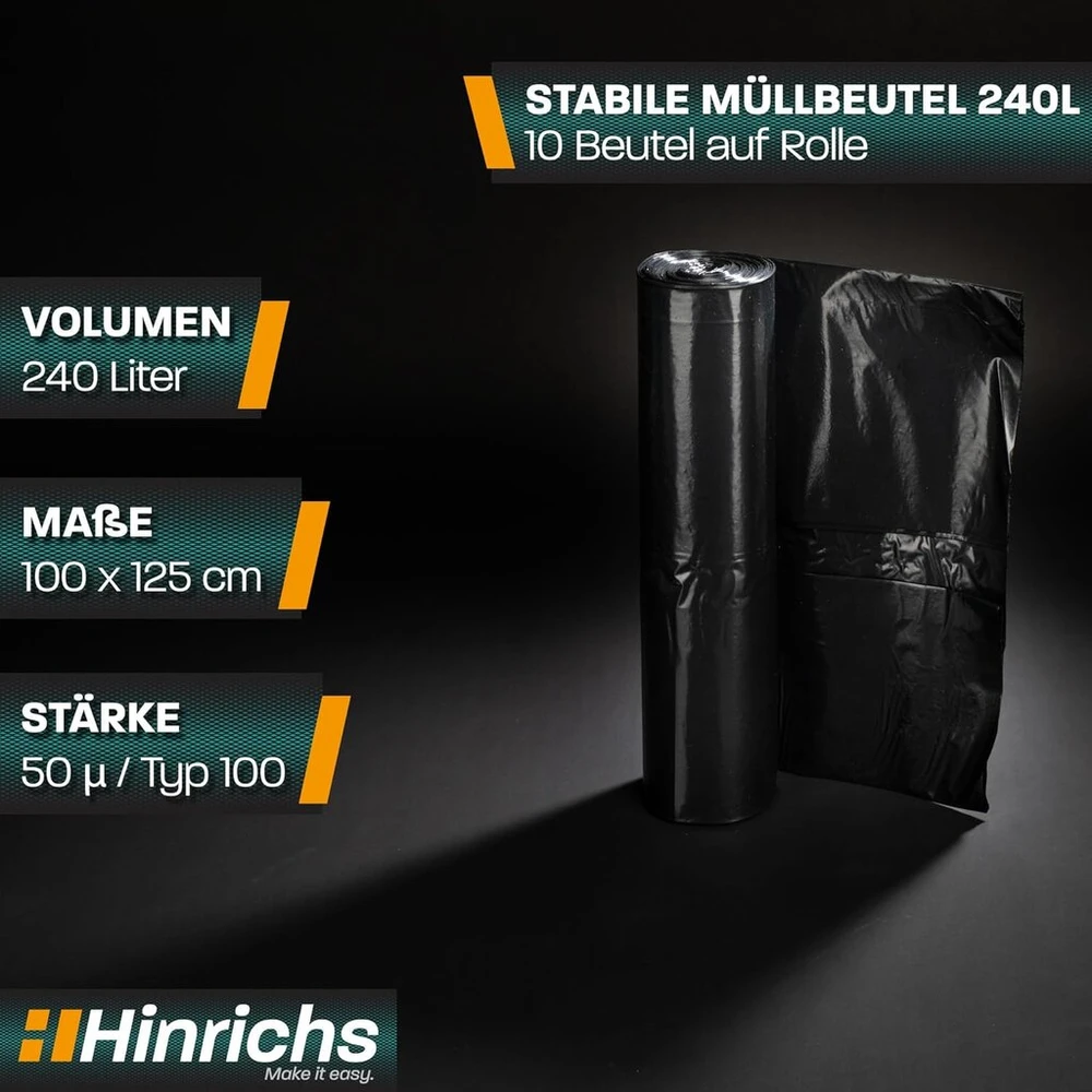 Didelės šiukšlių maišai 240 L, 10 vnt. - tvirti, juodi