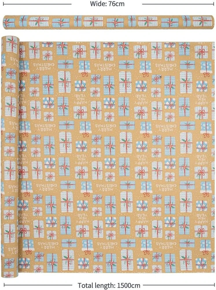 Didelis vyniojamojo popieriaus rulonas - 76cm x 15m - perdirbamas kalėdinis vyniojamasis popierius su mėlynu dovanų raštu Kalėdoms, gimtadieniui, vestuvėms ir vakarėlių dekoracijoms
