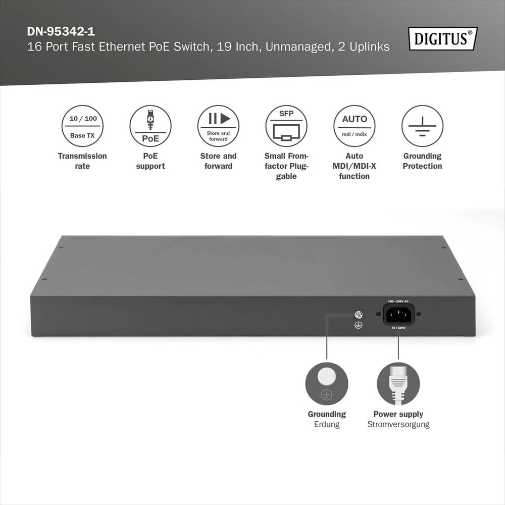 Šakotuvas Digitus 18 prievadų fast ethernet poe tinklo jungiklis 16x rj45 poe + 2x combo rj45/sfp - 250w poe biudžetas - 19 colių - 10/100 mbps