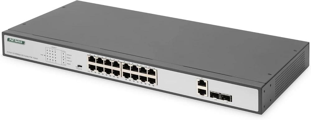 Šakotuvas Digitus 18 prievadų fast ethernet poe tinklo jungiklis 16x rj45 poe + 2x combo rj45/sfp - 250w poe biudžetas - 19 colių - 10/100 mbps