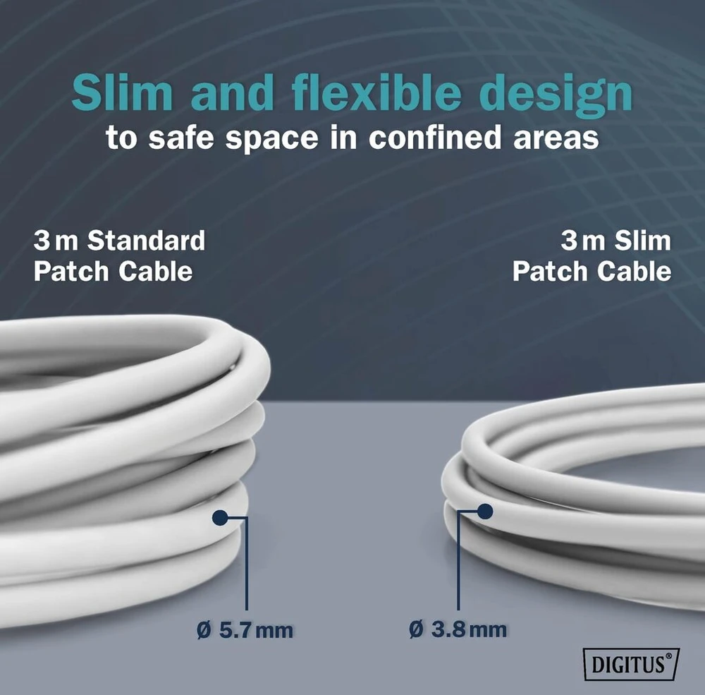 Digitus lan kabelis cat 6a - 1,5 m - plona versija awg 32/7 - 10 gbps - rj45 tinklo kabelis - f/ftp - poe+ - lszh - suderinamas su cat7, cat6, cat5e - pilkas