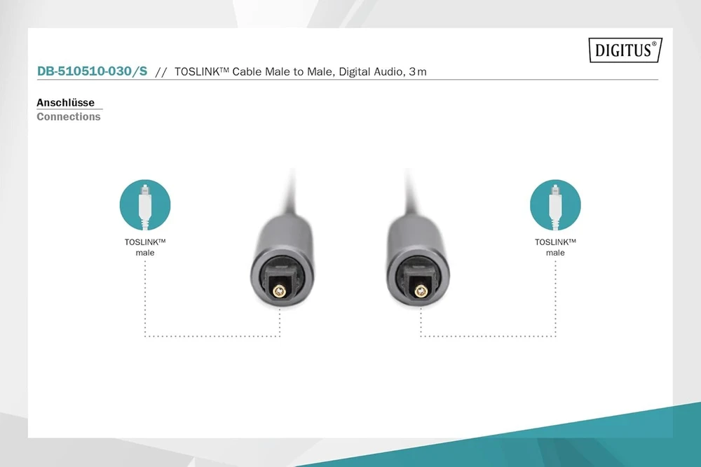 Digitus optinis audio kabelis - Toslink į Toslink - Spdif - šviesolaidinis kabelis - 3 m - juodas - stereosistemoms, namų kinui, soundbar'ui, kompiuteriui, Ps4, XBOX