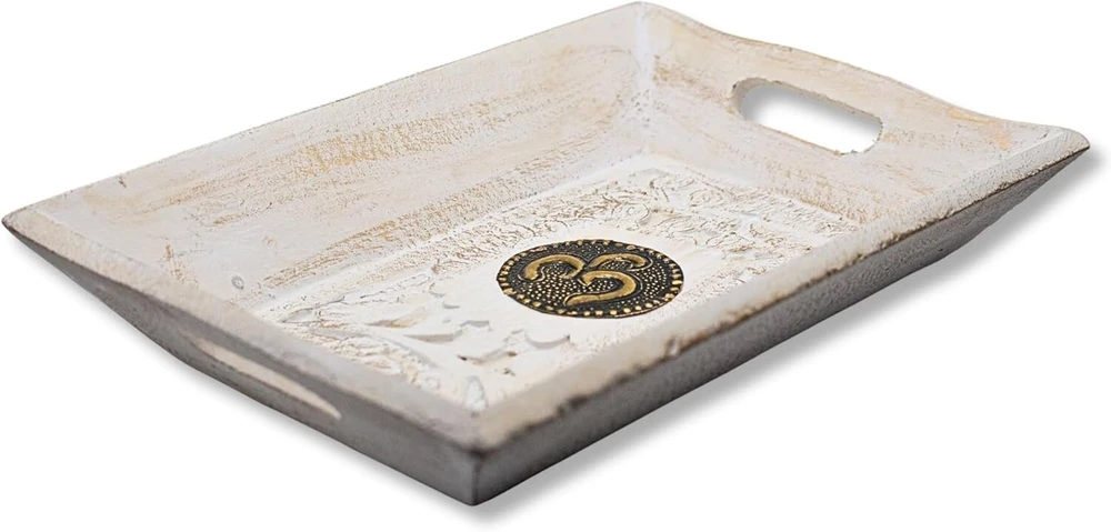 Diko.style® - dekoratyvinis padėklas stačiakampis medinis dubuo mažas - 24 x 15.5 x 4.5 cm - medinis dekoratyvinis padėklas pailgas dubuo - rytietiška boho medinė lenta dekoracija - dekoratyvinis medinis padėklas - balta om