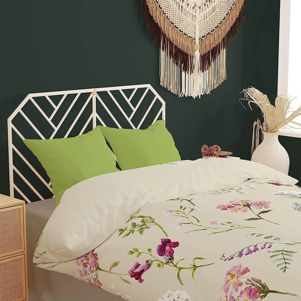 Dilios premium patalynės komplektas 200 x 200 cm, gėlės smėlio spalvos botany, 100% laidus orui, patogi medvilnė su užtrauktuku, renforcé, 2 dalių antklodės užvalkalas 200 x 200 cm + pagalvės užvalkalas 80 x 80 cm