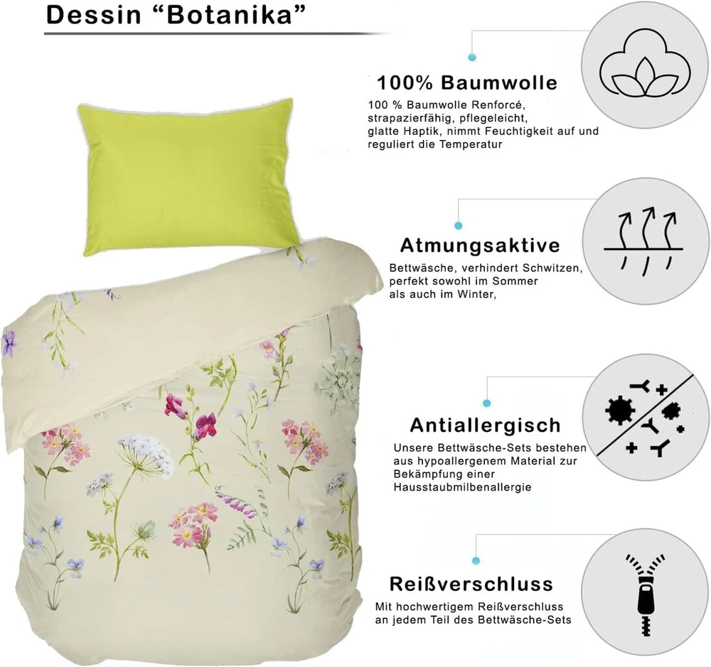 Dilios premium patalynės komplektas 200 x 200 cm, gėlės smėlio spalvos botany, 100% laidus orui, patogi medvilnė su užtrauktuku, renforcé, 2 dalių antklodės užvalkalas 200 x 200 cm + pagalvės užvalkalas 80 x 80 cm