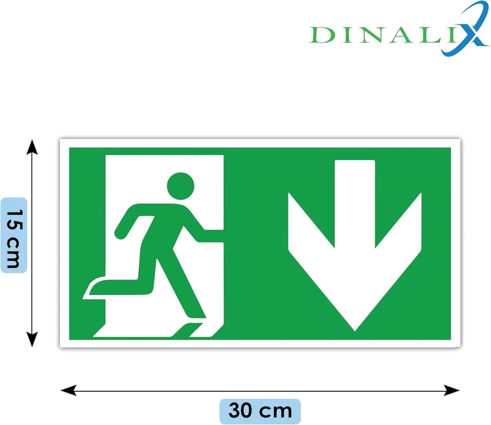 Dinalix 2 vnt. avarinio išėjimo ženklų rinkinys, fotoliuminescencinė rodyklė žemyn, 300 x 150 mm, vinilo avarinio išėjimo ženklas, lipnus, atitinka Iso Din 7010 / Din 67510