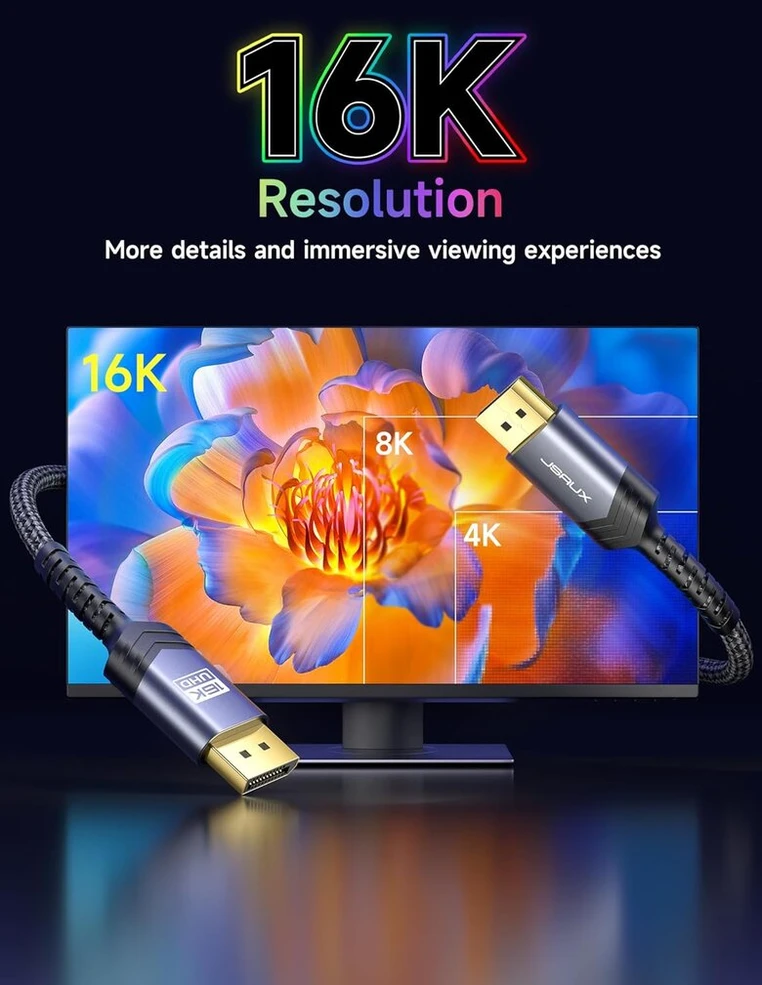 Displayport 2.1 kabelis 2m, 16k@60hz, 8k@120hz, 4k@240hz, 80gbps