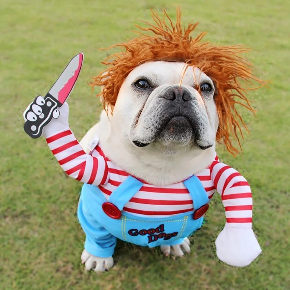 Diydec juokingi chucky šuns drabužiai, helovino šuns kostiumo perukas ir peilis, siaubingas šuns kostiumas helovino naminių gyvūnėlių cosplay vakarėliui