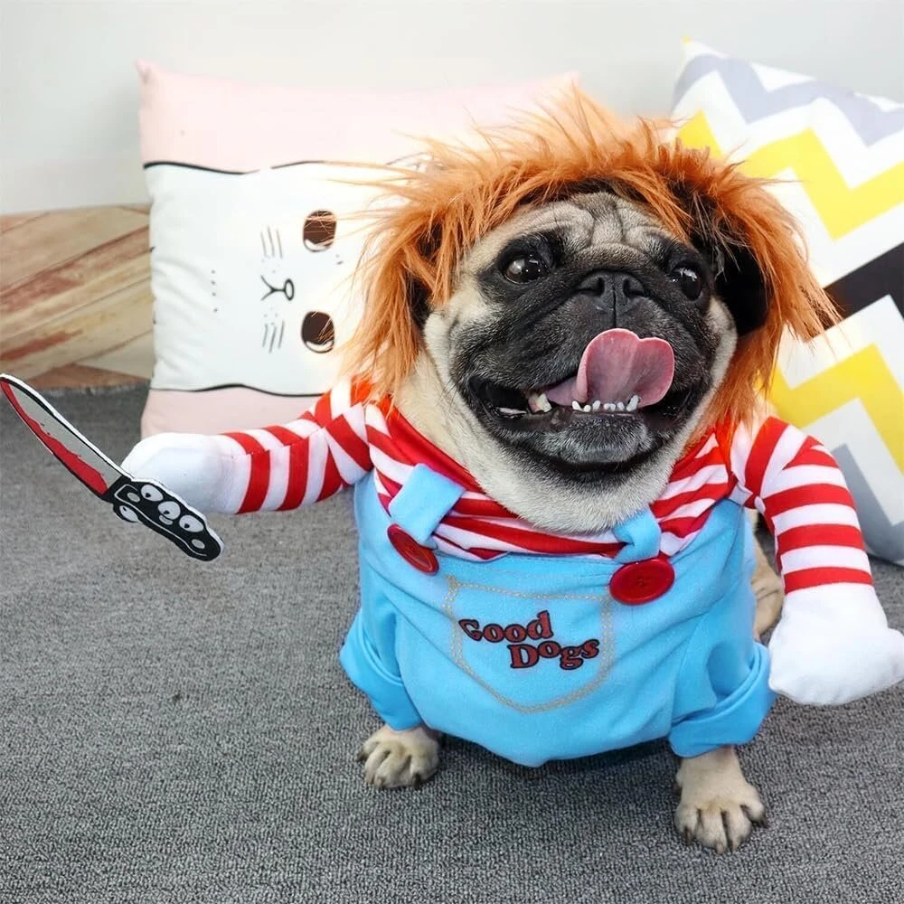 Diydec juokingi chucky šuns drabužiai, helovino šuns kostiumo perukas ir peilis, siaubingas šuns kostiumas helovino naminių gyvūnėlių cosplay vakarėliui