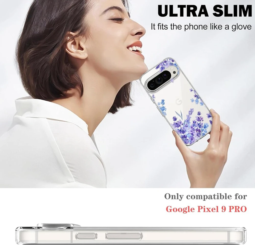 Diygody elegantiškas gėlių mobiliojo telefono dėklas, suderinamas su Google Pixel 9 Pro 6.3 colio, skaidrus silikoninis Tpu apsauginis dėklas su levandų raštu moterims, itin plonas neslystantis smūgiams atsparus hibridas