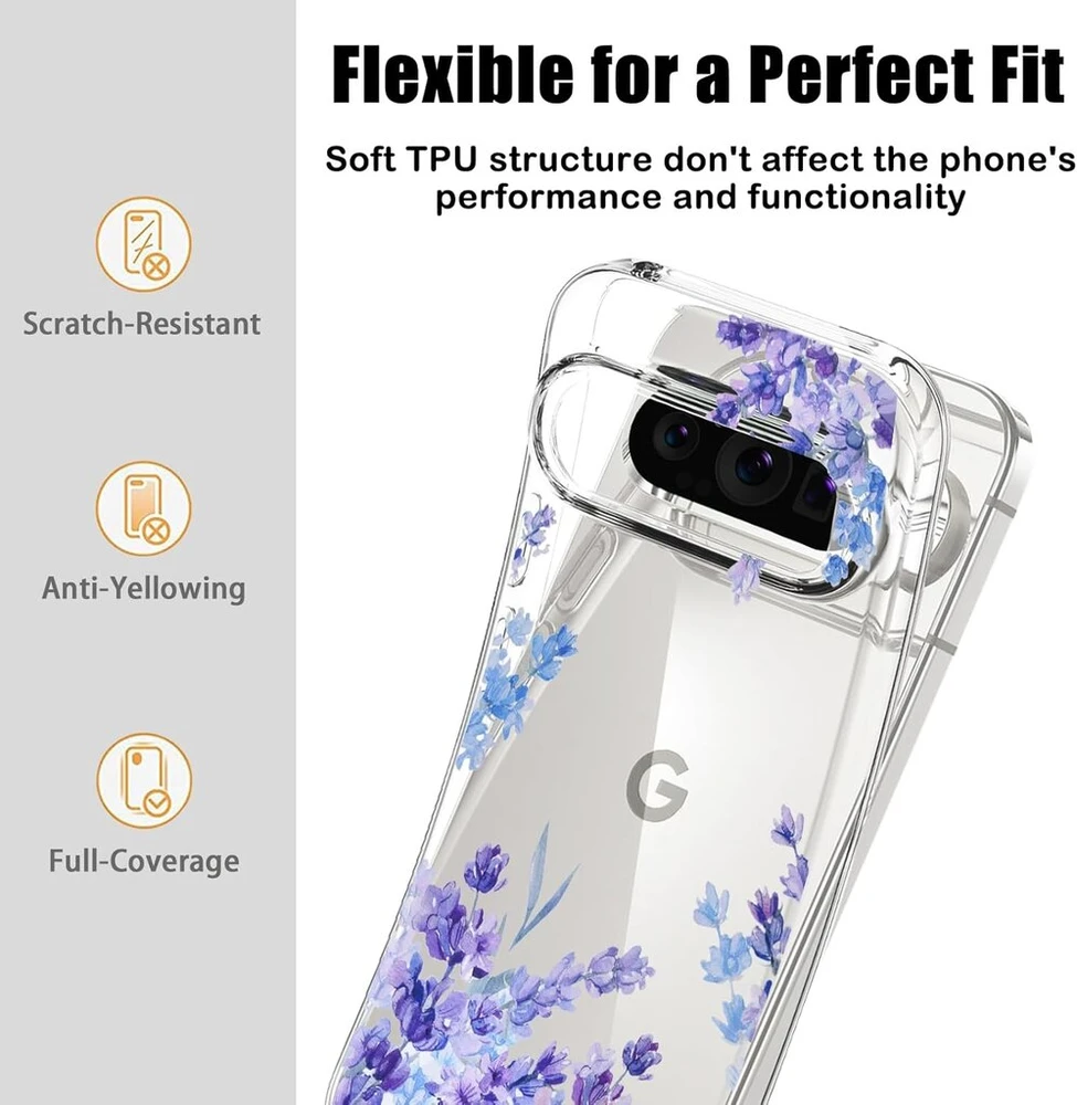 Diygody elegantiškas gėlių mobiliojo telefono dėklas, suderinamas su Google Pixel 9 Pro 6.3 colio, skaidrus silikoninis Tpu apsauginis dėklas su levandų raštu moterims, itin plonas neslystantis smūgiams atsparus hibridas