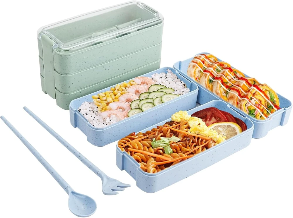Diyjep 2 dalių priešpiečių dėžučių rinkinys, bento dėžutė su šaukštu, šakute ir lazdelėmis, suaugusiųjų priešpiečių dėžutė 900 ml su 3 skyriais, daugkartinio naudojimo sistema priešpiečių dėžutė į mokyklą, darbą, iškylą, kelionę (žalia, mėlyna)