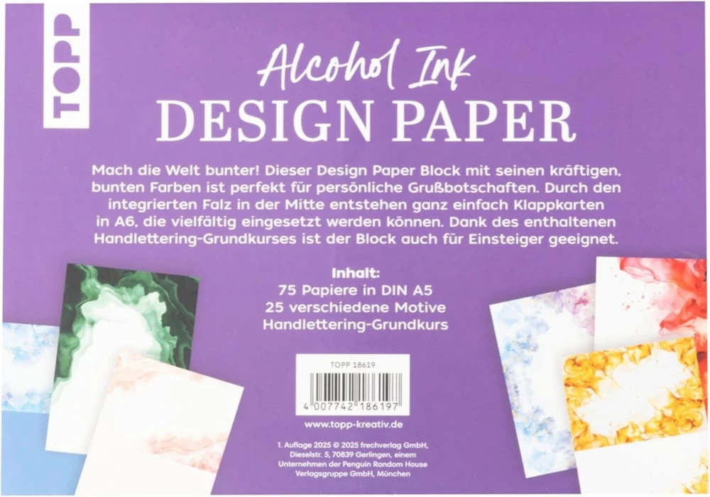 Dizaino popierius Din A5 Alcohol Ink: 75 rašymo lapai (din A5, 220 g/m²) su lankstymo linija atvirukams, 25 dizainai, 16 puslapių rankų rašymo pagrindų kursas, minkštas viršelis