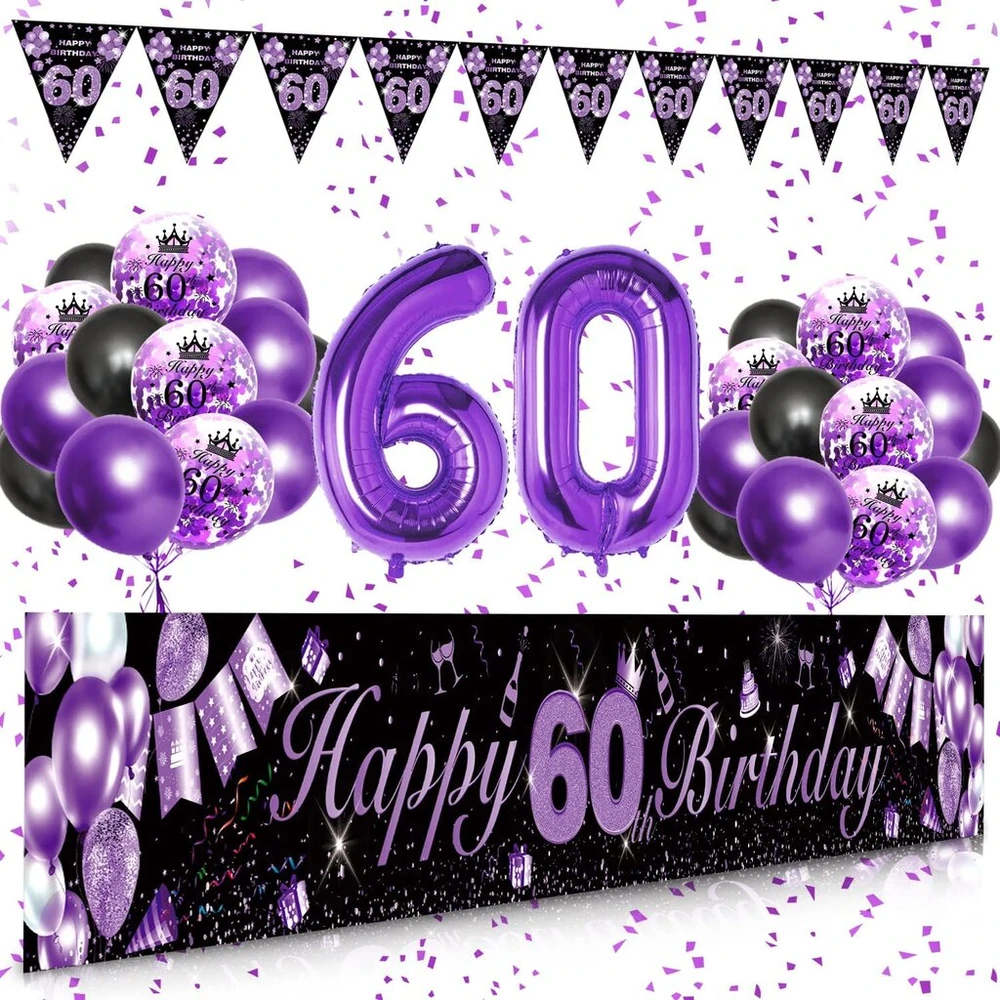 Djlla 60-ojo gimtadienio itin ilga "happy Birthday" girlianda (9 x 1,21 m), violetinė, auksinė, metalinė, guminė, 1 vnt., reklaminis skydelis, konfeti, balionai