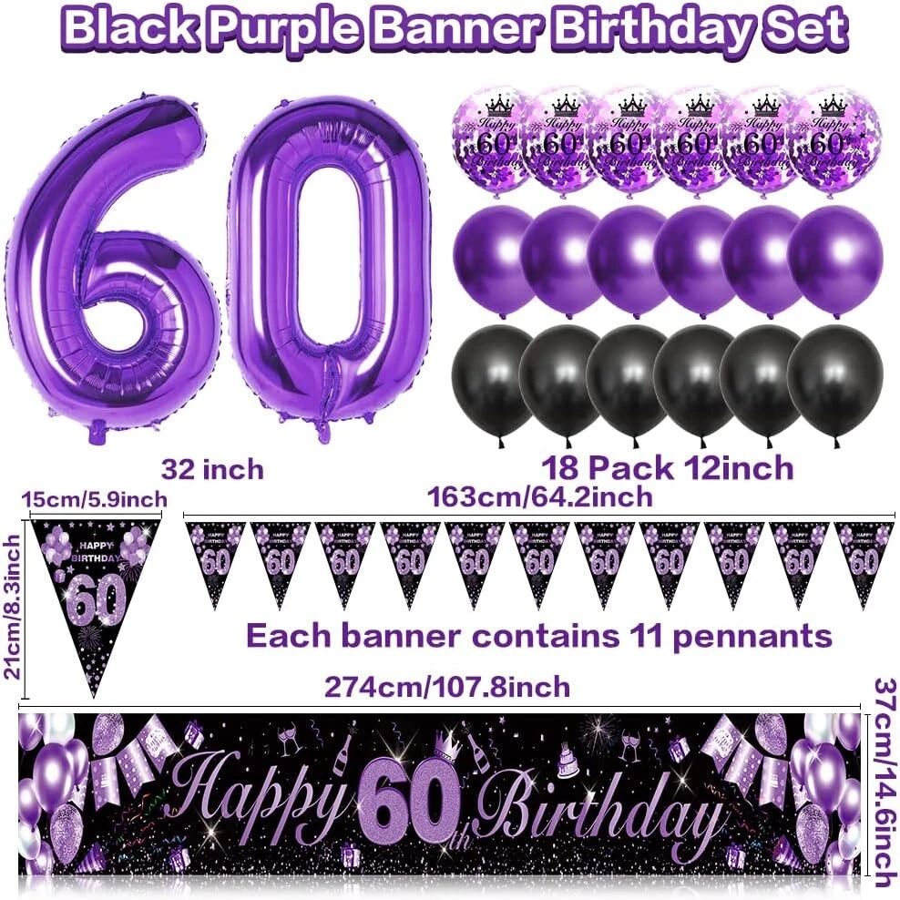 Djlla 60-ojo gimtadienio itin ilga "happy Birthday" girlianda (9 x 1,21 m), violetinė, auksinė, metalinė, guminė, 1 vnt., reklaminis skydelis, konfeti, balionai