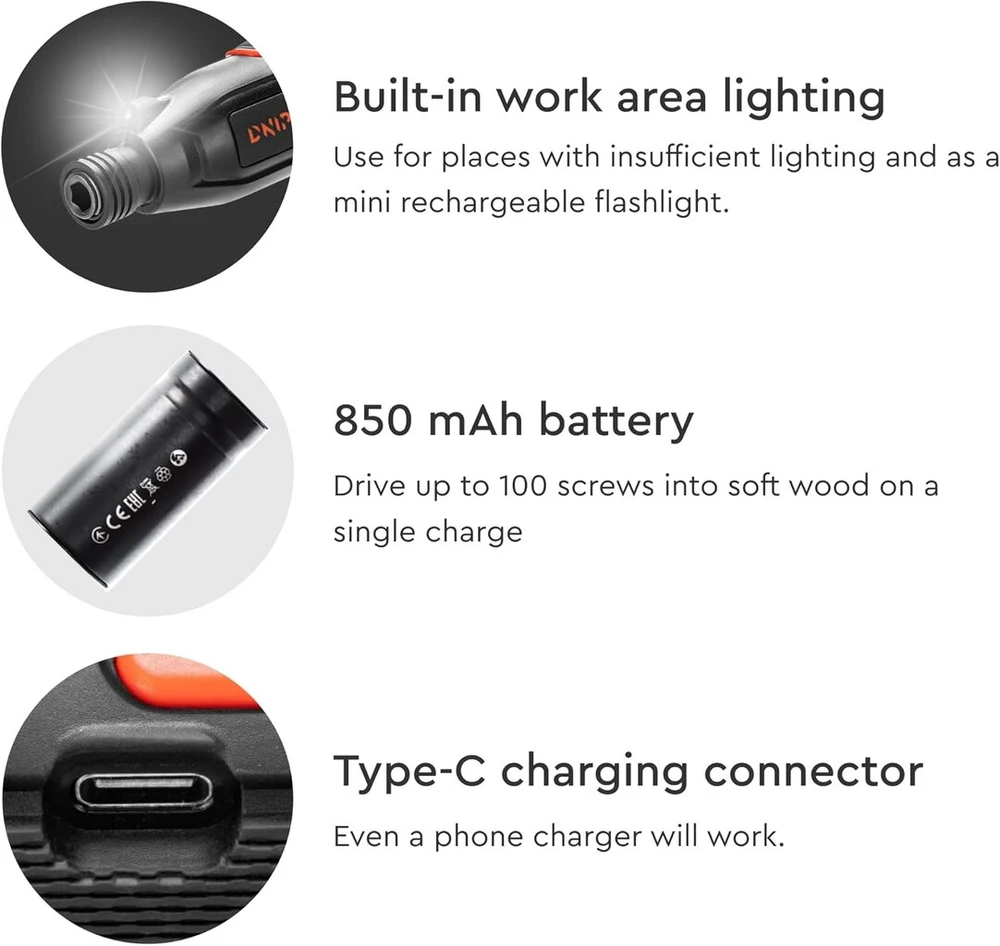 Dnipro-m Csd-36x akumuliatorinis atsuktuvas, mini atsuktuvas su 3.6v, 850mah dėklu, 280rpm, Led lempute ir antgalių rinkiniu, Usb Type-c laidu, Ip20, puikiai tinka remontui ir surinkimui