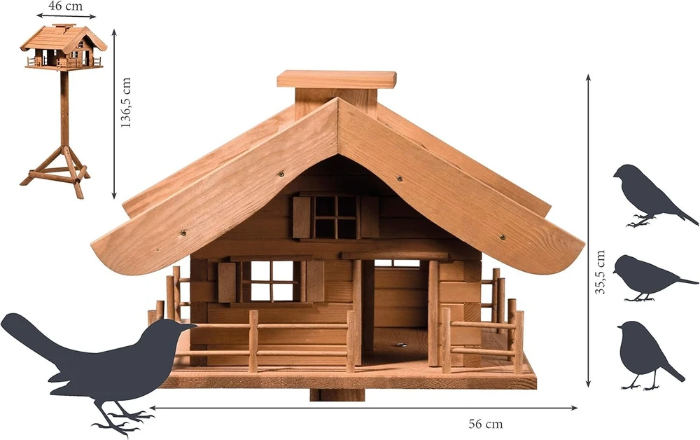 Dobar® 98370e dizaino lesyklėlė 'almhütte' - xl dydžio namelis paukščiams, trobelės dizainas - paukščių vila iš tvirtos medienos - lesyklėlė su stovu - didelė lesyklėlė - 66 x 66 x 136,5 cm - ruda