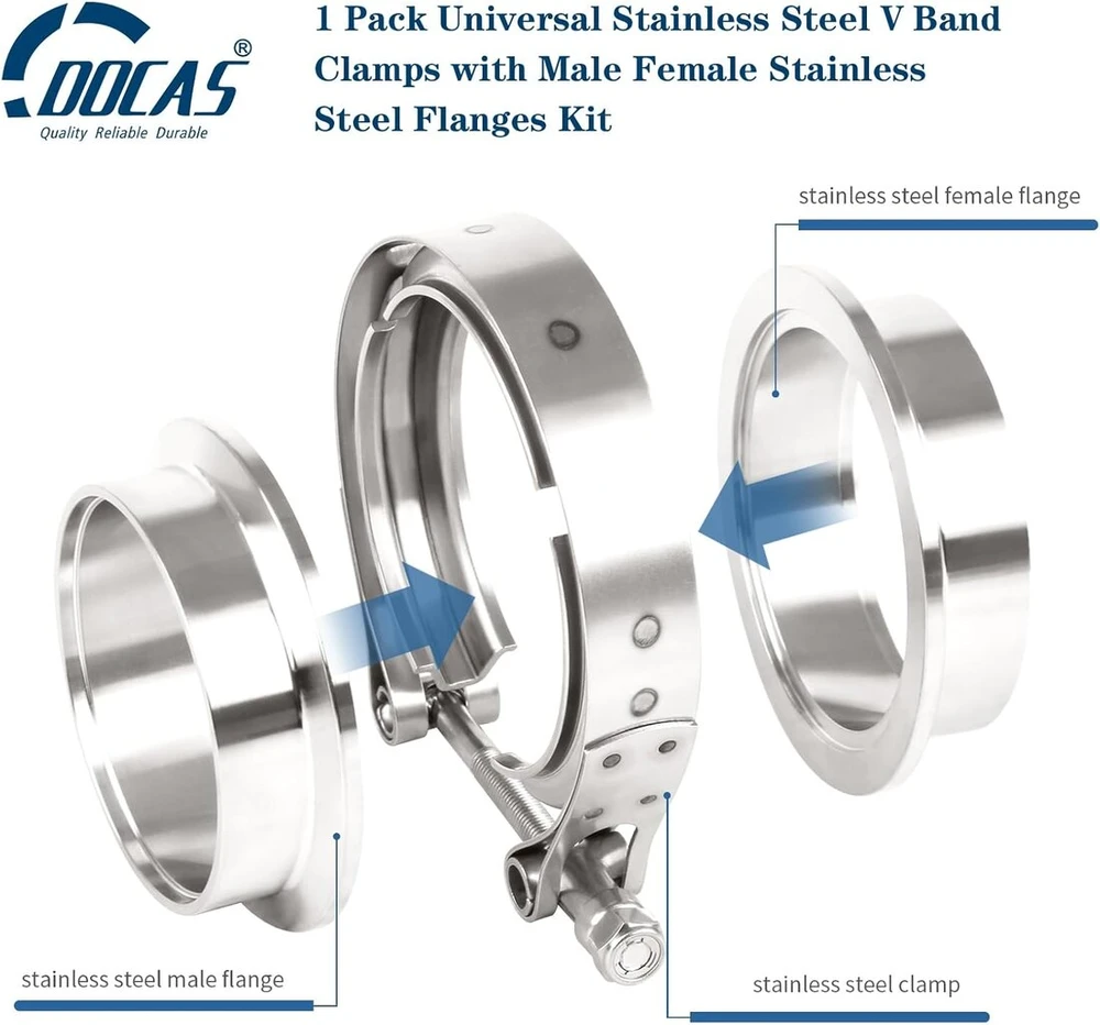 Docas 1 vnt. skersmuo 63.5 mm (2.5 colio) v-band gnybtas + flanšai, pilnas nerūdijančio plieno komplektas, papildoma turbo žarna, nerūdijančio plieno v juostos gnybtų rinkinys, turbo išmetimo sistema su greitu atleidimu