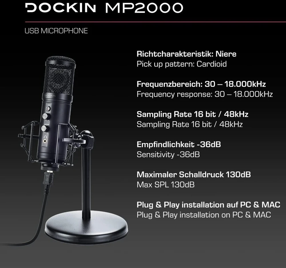 Dockin® Mp2000 Studio Usb mikrofonas, skirtas Pc ir Mac, nulinio latentiškumo stebėjimo stovas su sunkiu trikoju, skirtas balso ir instrumentų įrašymui, transliacijai ir podcast'ams, su Led lemputėmis