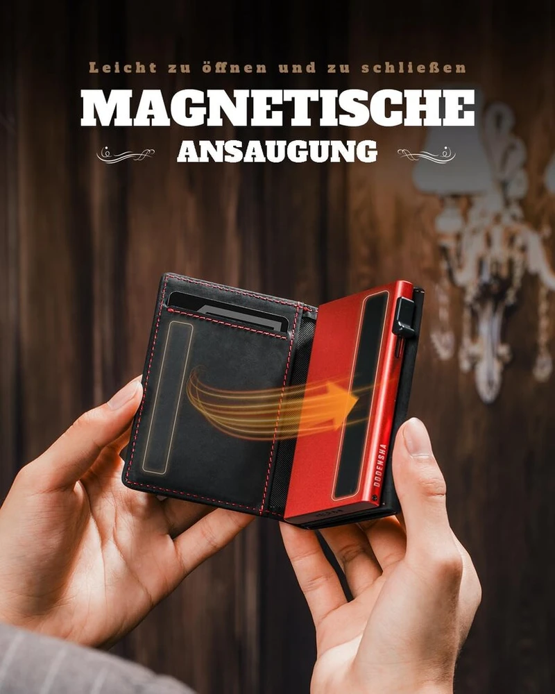 Dodensha Magsnap vyriška piniginė i plona piniginė su skyreliu monetoms i piniginės vyrams 10+ kortelių i magnetinio užsegimo plona vyriška piniginė i rfid apsauga, juoda-raudona, moderni