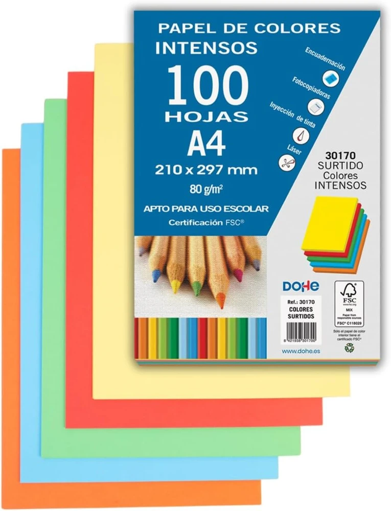 Dohe - spalvotas popierius din a4, 80 g, ryškių spalvų asorti - 100 lapų, 30170