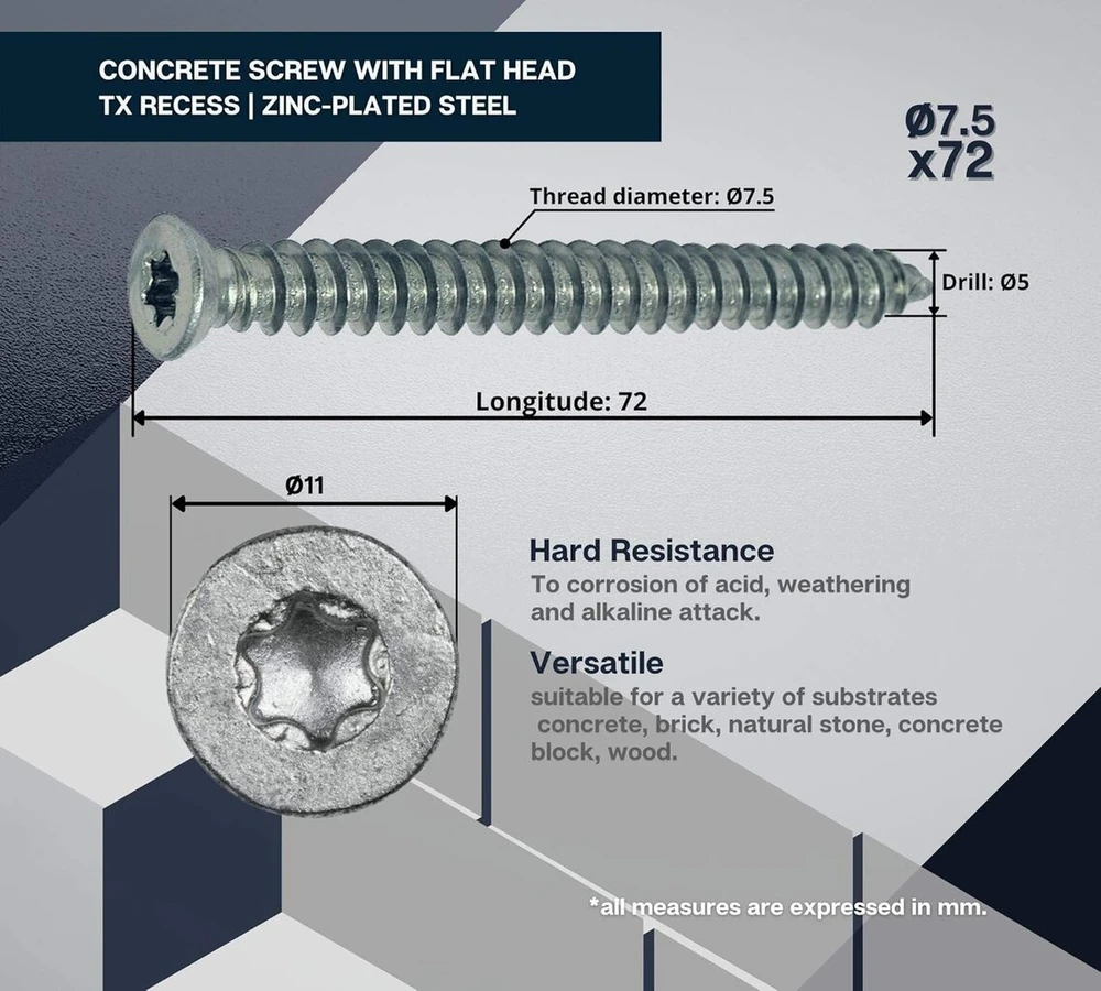 Doja industrial concrete screws torx 7.5 mm x 72 mm pakuotė 100 apvalios galvutės medienos drožlių plokštės varžtų screw anchor steel galvanised flat head universal screws countersunk screws / wood screws torx