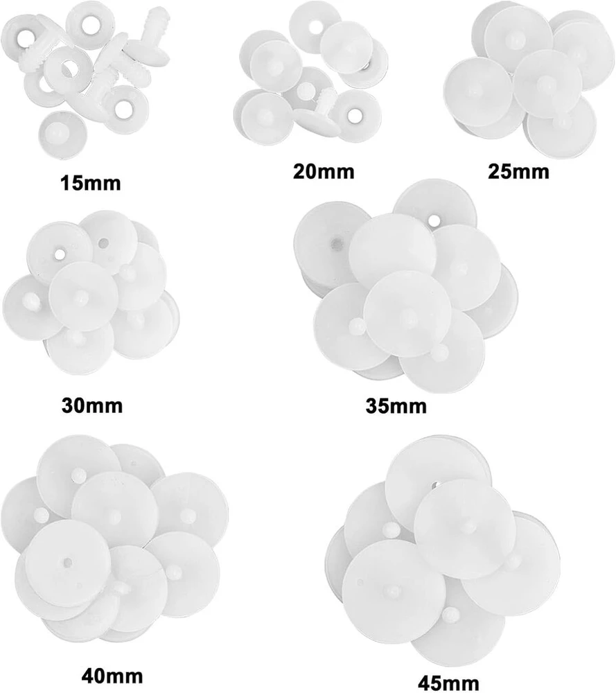Dokeno 42 rinkiniai baltų plastikinių lėlių jungčių nuo 15 mm iki 45 mm baltos lėlės jungtys plastikinės meškiukų jungtys "pasidaryk pats" amatų priedams meškiukams