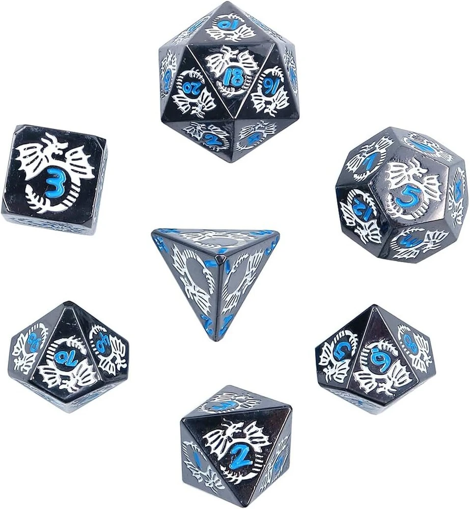 Dollatek metalinių kauliukų rinkinys drakono raštu, skirtas dungeon and dragon dnd kauliukų žaidimui (su juodu maišeliu) - pilkas