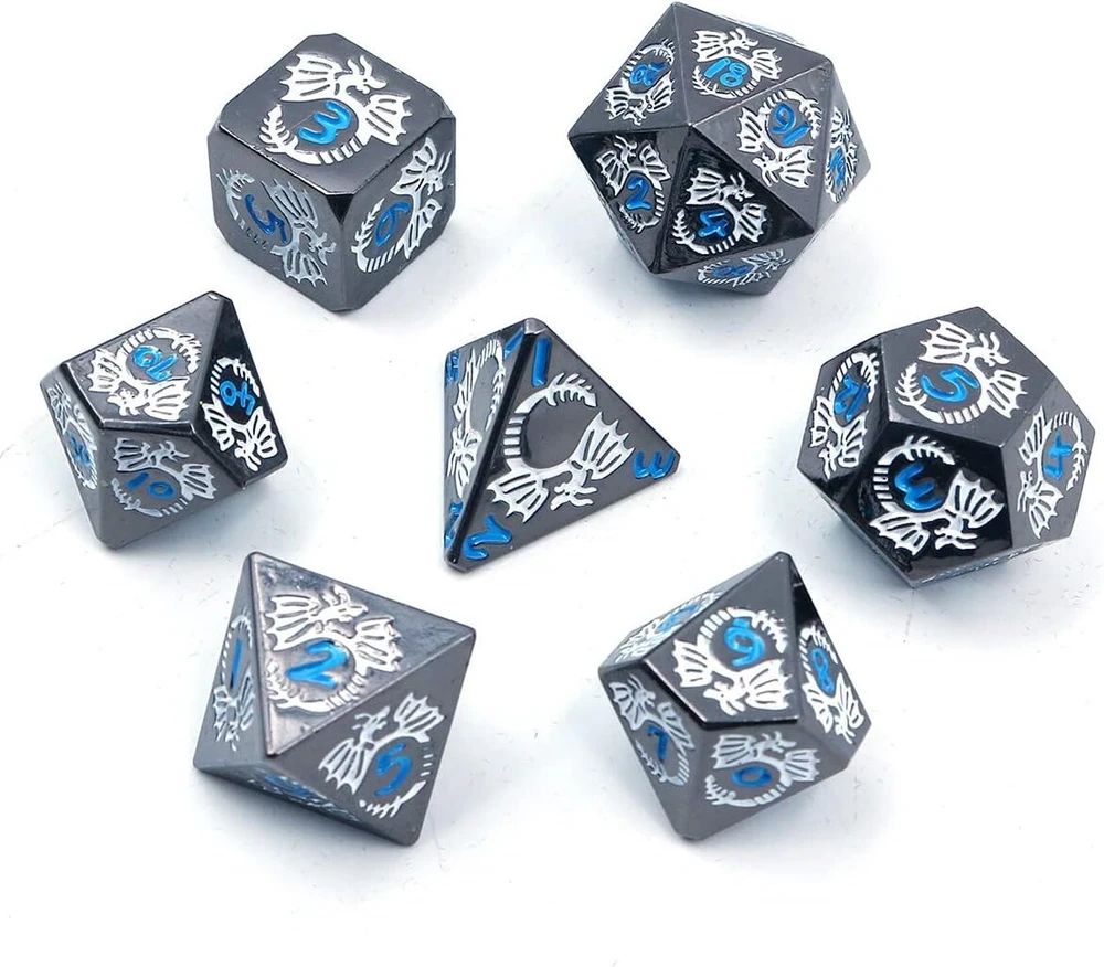 Dollatek metalinių kauliukų rinkinys drakono raštu, skirtas dungeon and dragon dnd kauliukų žaidimui (su juodu maišeliu) - pilkas