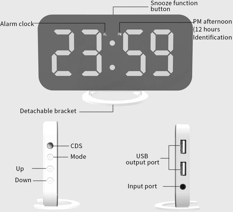 Dollatek skaitmeninis žadintuvas - modernus žadintuvas su usb jungtimi, skaitmeninis veidrodinis laikrodis, geriausias dekoratyvinis laikrodis sienai, stalui, rašomajam stalui - baltas raštas