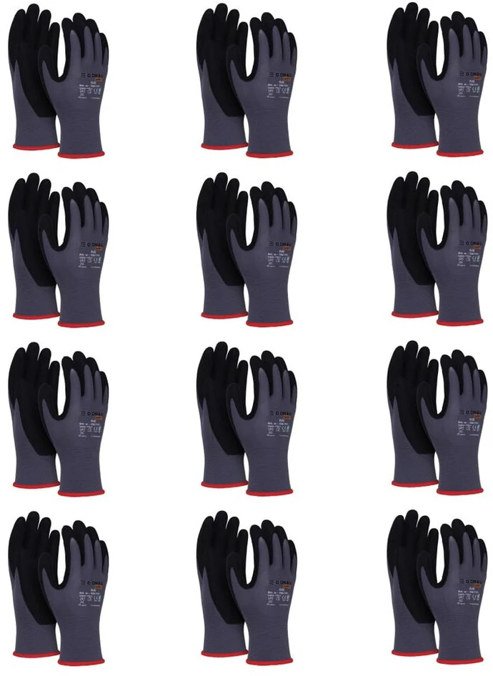 Donau Safety Flex darbo pirštinės, dydis 11, 12 porų, pilkos/juodos, mechaniko surinkimo pirštinės, padengtos nitrilu, atsparios lengvai alyvai, nailoninės apsauginės pirštinės darbui, automobiliui, sandėliui