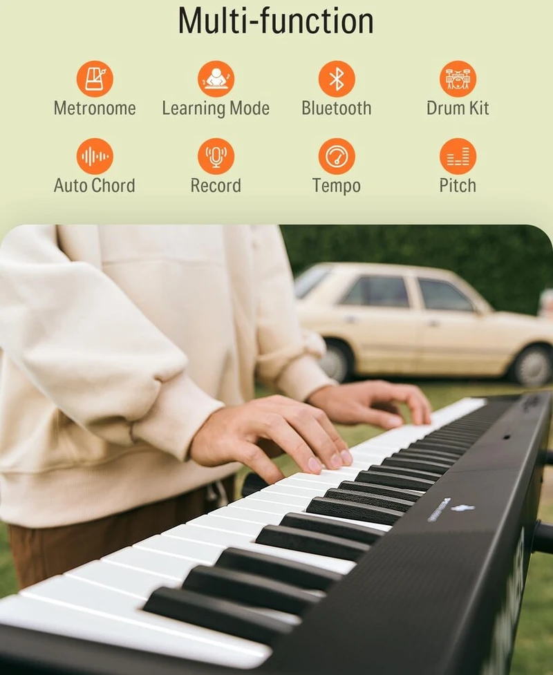 Donner Dp-10 nešiojamas pianinas, 88 klavišai pradedantiesiems, bluetooth sulankstomas pianinas su 128 ritmais, akordais, įrašymu, sulankstomas skaitmeninis pianinas su pedalu, pianino krepšiu, juodas