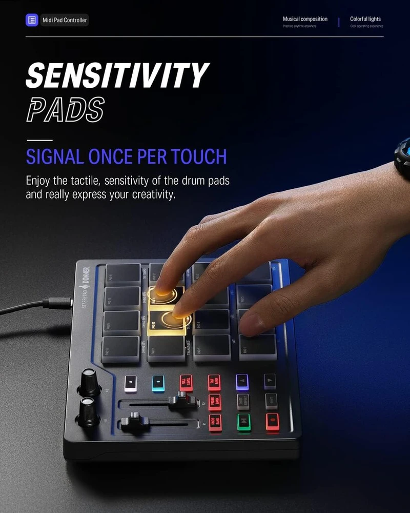 Donner Midi Pad valdiklio klaviatūra Usb Type-c, profesionali būgnų pad mašina ritmų kūrimui su 16 pad'ų, Midi išvestis, 2 priskiriami slankikliai ir mygtukai (starrypad Mini, juoda)