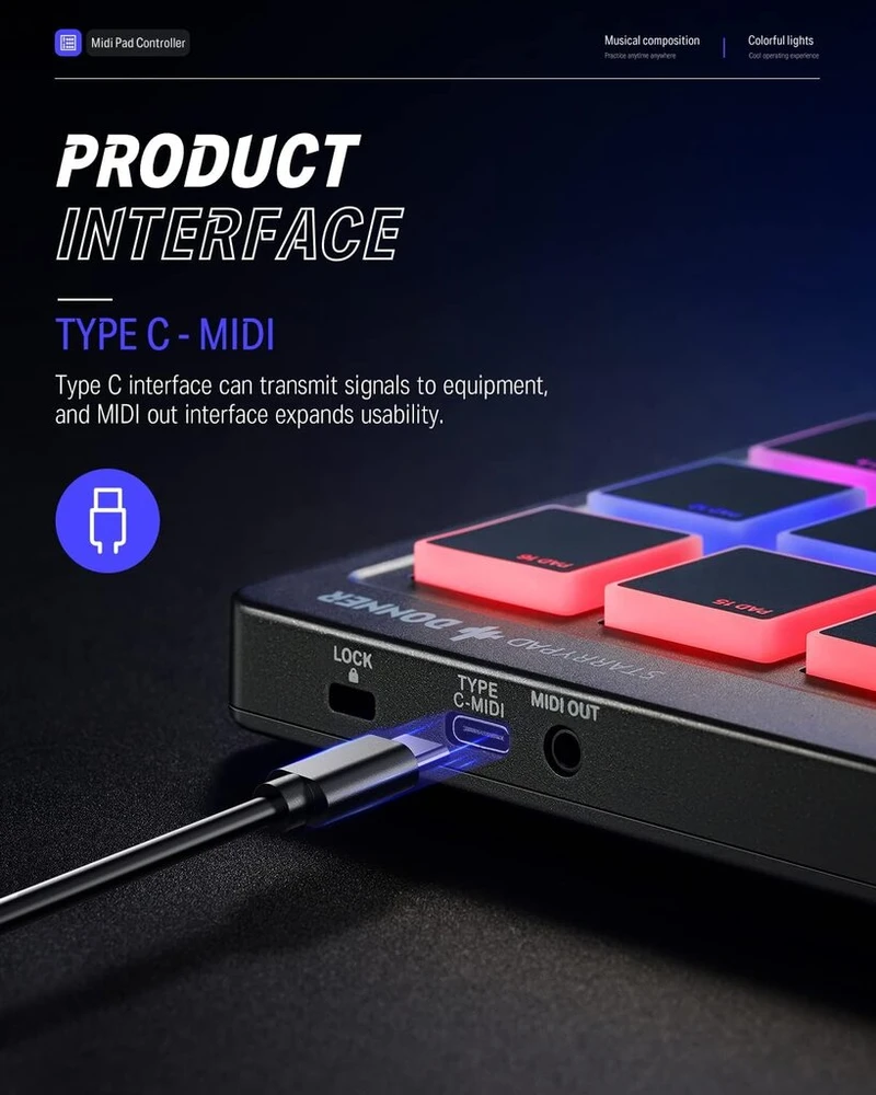 Donner Midi Pad valdiklio klaviatūra Usb Type-c, profesionali būgnų pad mašina ritmų kūrimui su 16 pad'ų, Midi išvestis, 2 priskiriami slankikliai ir mygtukai (starrypad Mini, juoda)