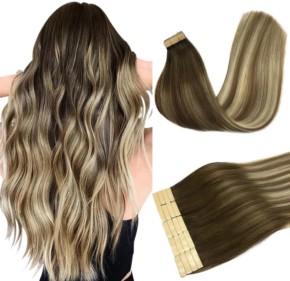 Doores tape-in tikrų plaukų priauginimas, ombre riešuto ruda į pelenų rudą ir šviesiai blondinę, 35 cm, 50 g, 20 vnt., tape-in plaukų priauginimas, remy tape priauginami tikri plaukai