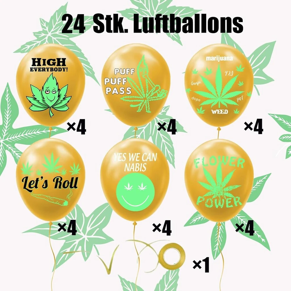 Dope balionų priedų rinkinys, 24 vnt. Weed lateksiniai balionai, dekoracija, laimingo Dope gimtadienio vakarėlio priedai, balionai
